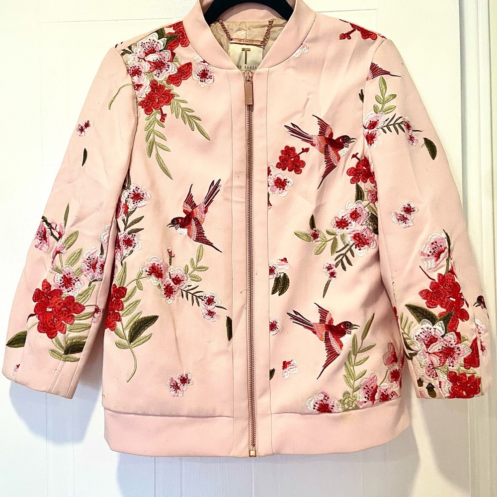 Ted Baker Pink Bomber Jacket – Size 1, Floral & Bird Embroidery